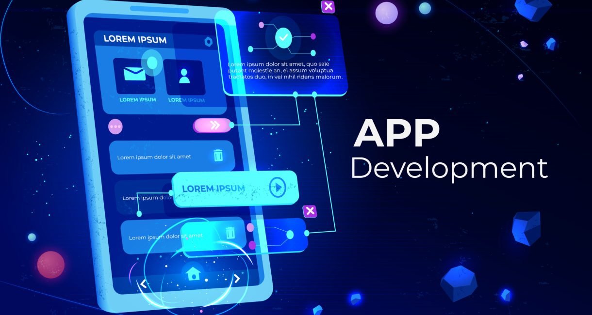 App development banner, adaptive layout application web interface on smartphone touch screen, user software API prototyping, testing, neon glowing background. Cartoon vector illustration, landing page